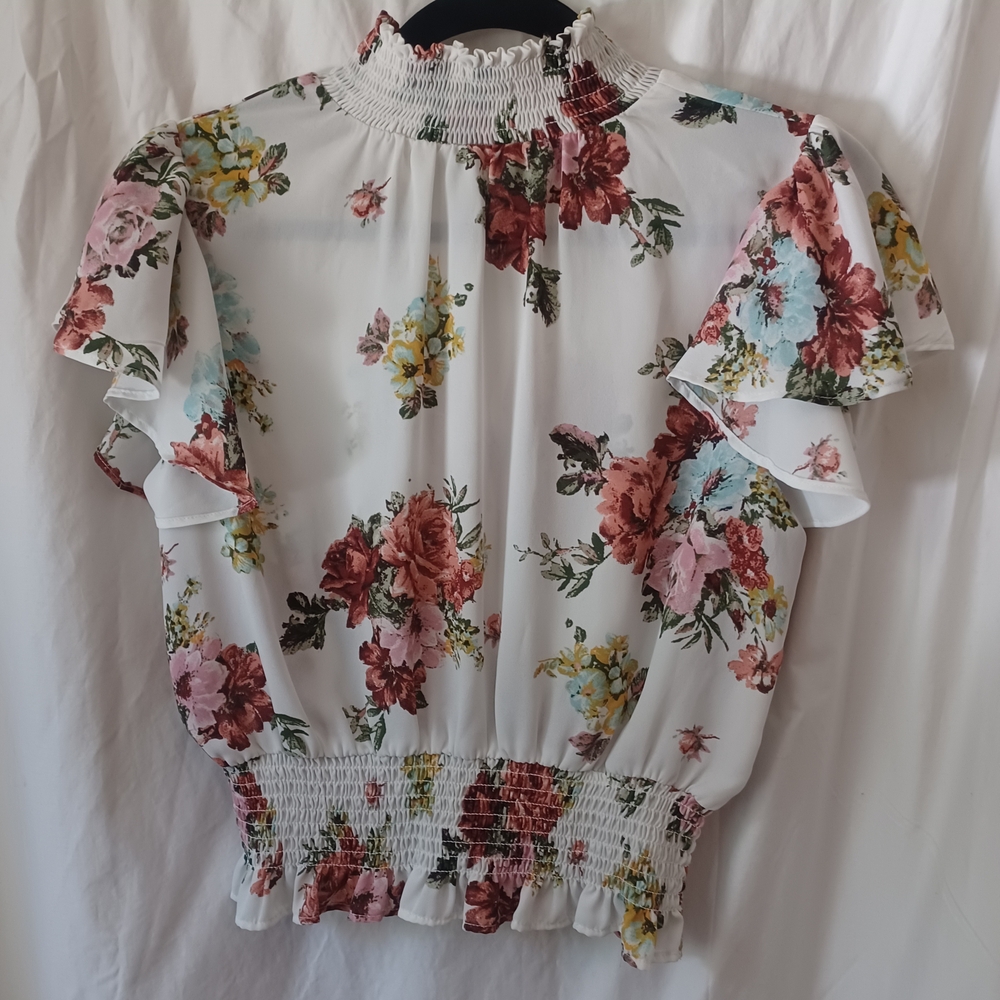 Shinestar Cream Flutter Sleeve Blouse with Ruffled Smocked Details